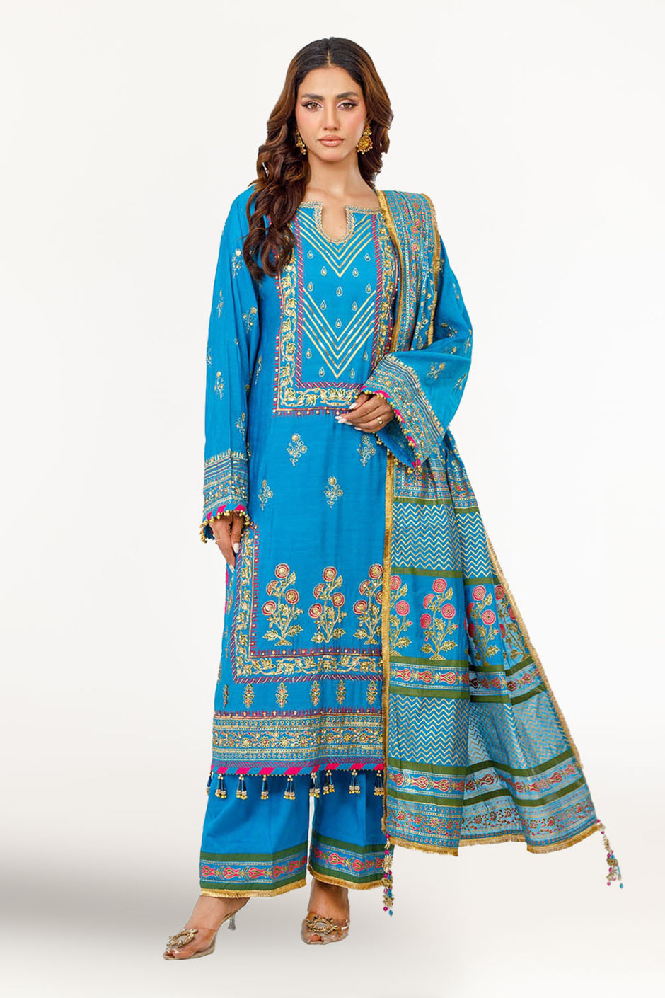 3 Piece Unstitched Embroidered Paper Cotton Suit with Paper Cotton Dupatta