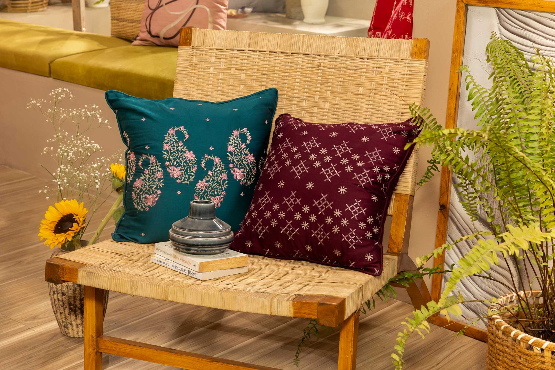 Floral Tile Embroidered Cushion Cover