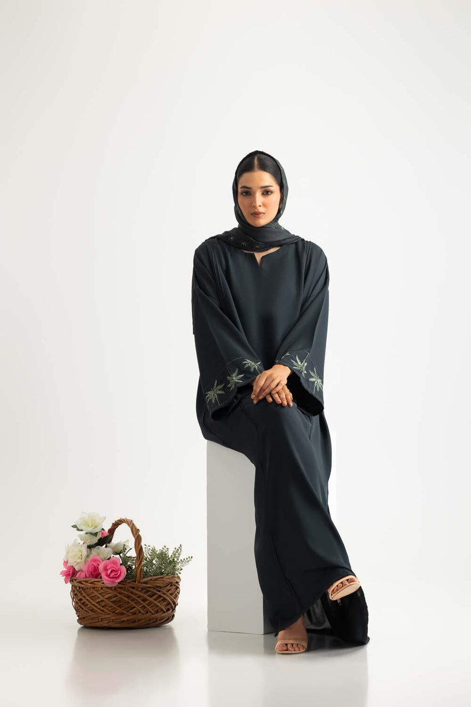 Georgette Embroidered abaya With Embroidered Scarf