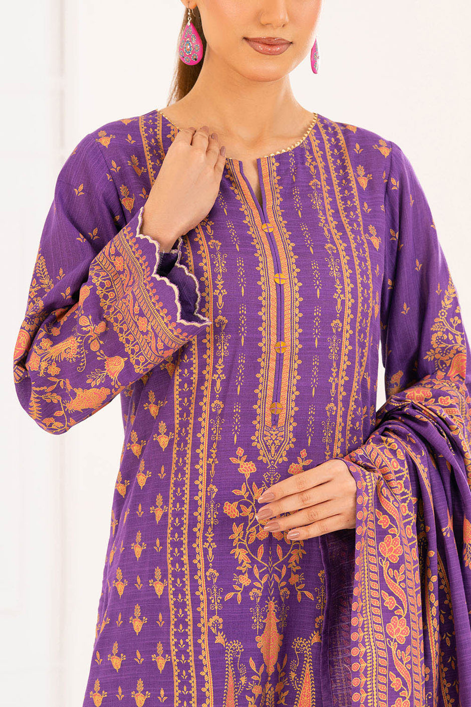 3 Piece Gold Printed Khaddar Suit with Dupatta