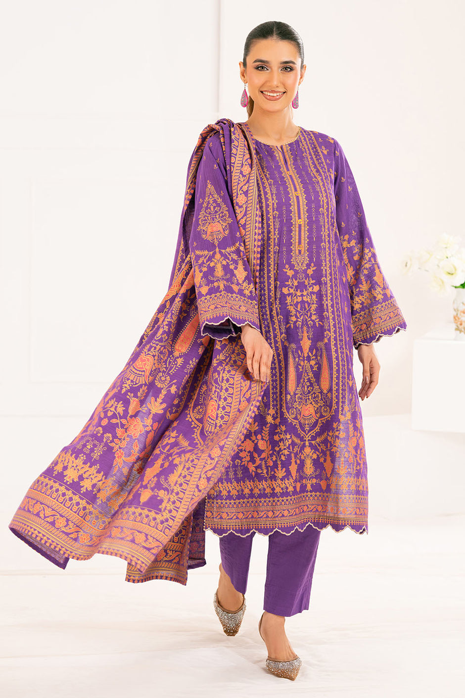 3 Piece Gold Printed Khaddar Suit with Dupatta