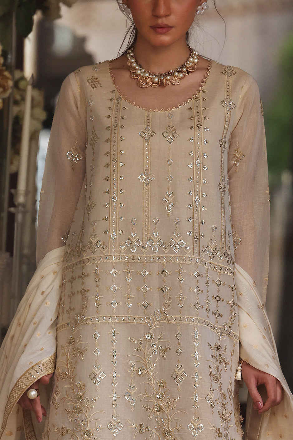 3 Piece Embroidered Mehsuri Suit with Borders and Jacquard Dupatta