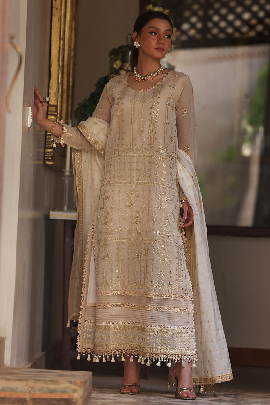 3 Piece Embroidered Mehsuri Suit with Borders and Jacquard Dupatta