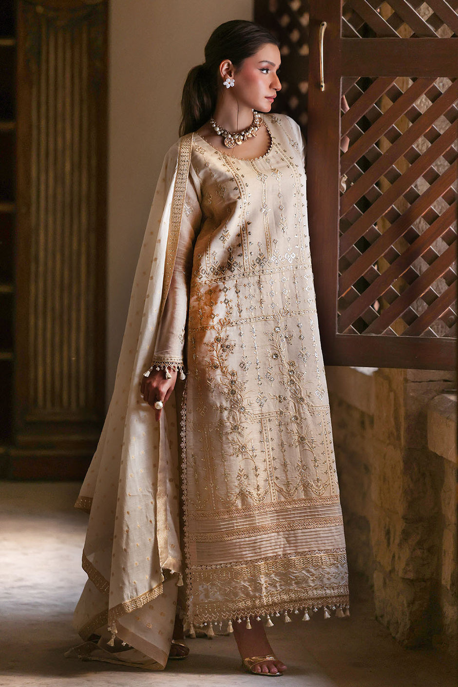 3 Piece Embroidered Mehsuri Suit with Borders and Jacquard Dupatta