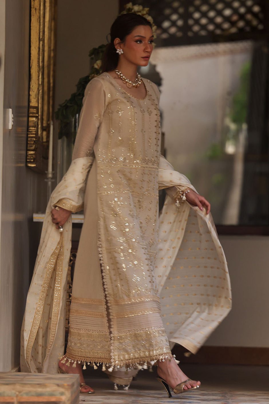 3 Piece Embroidered Mehsuri Suit with Borders and Jacquard Dupatta