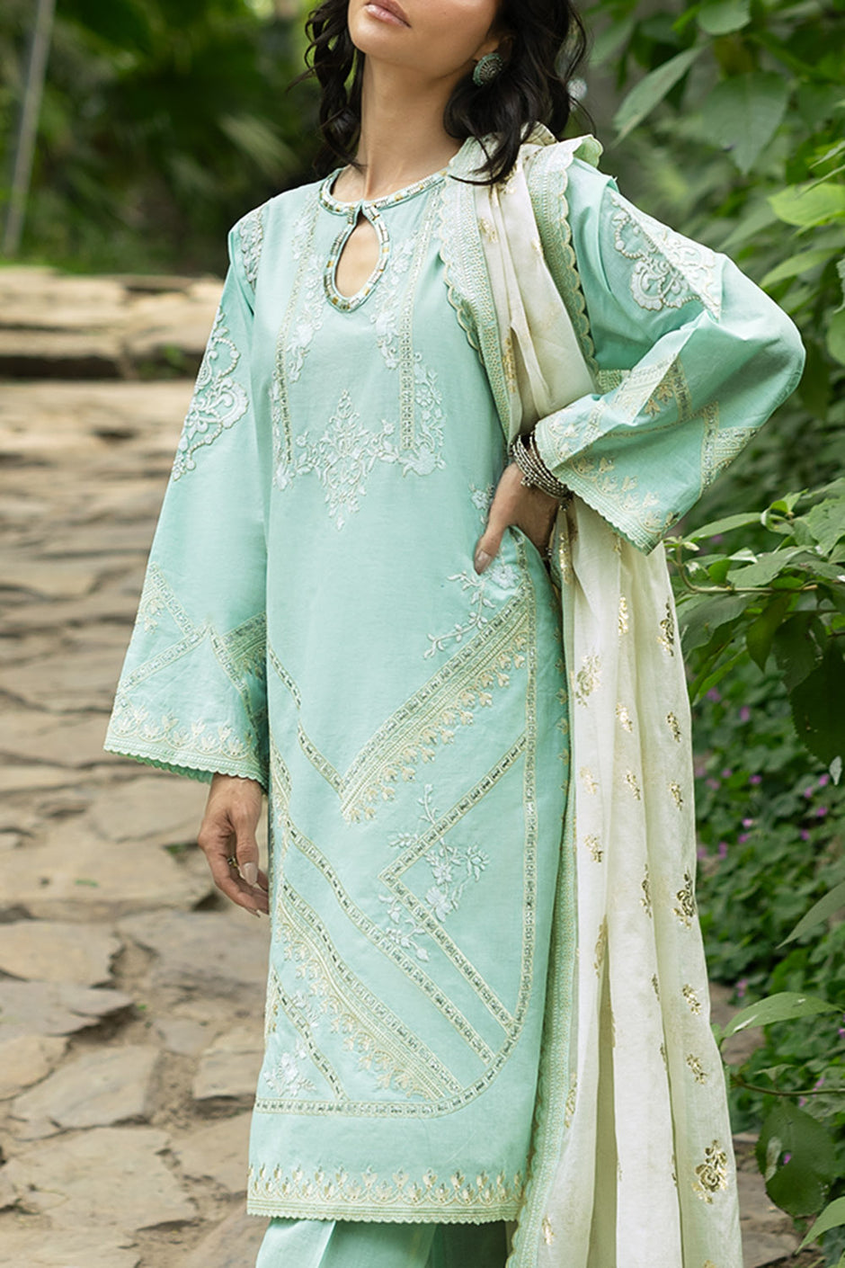 3 Piece Embroidered Lawn Suit with Embroidered Organza Details and Jacquard Dupatta