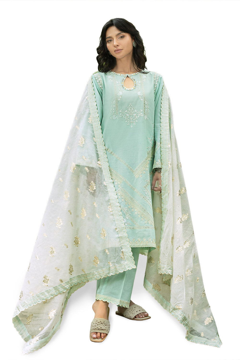 3 Piece Embroidered Lawn Suit with Embroidered Organza Details and Jacquard Dupatta