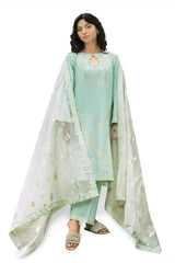 3 Piece Embroidered Lawn Suit with Embroidered Organza Details and Jacquard Dupatta