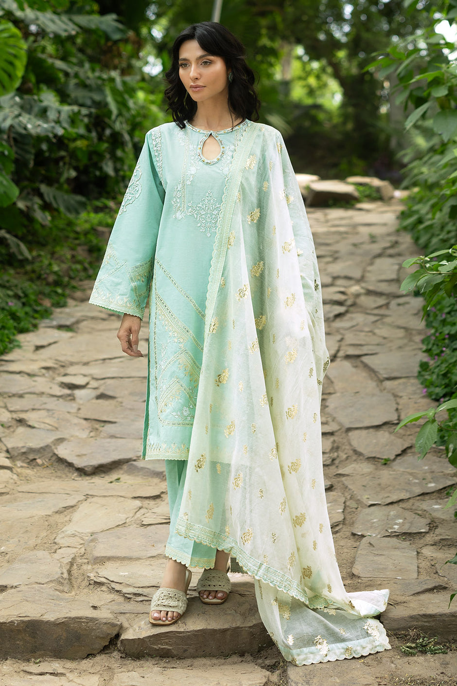 3 Piece Embroidered Lawn Suit with Embroidered Organza Details and Jacquard Dupatta
