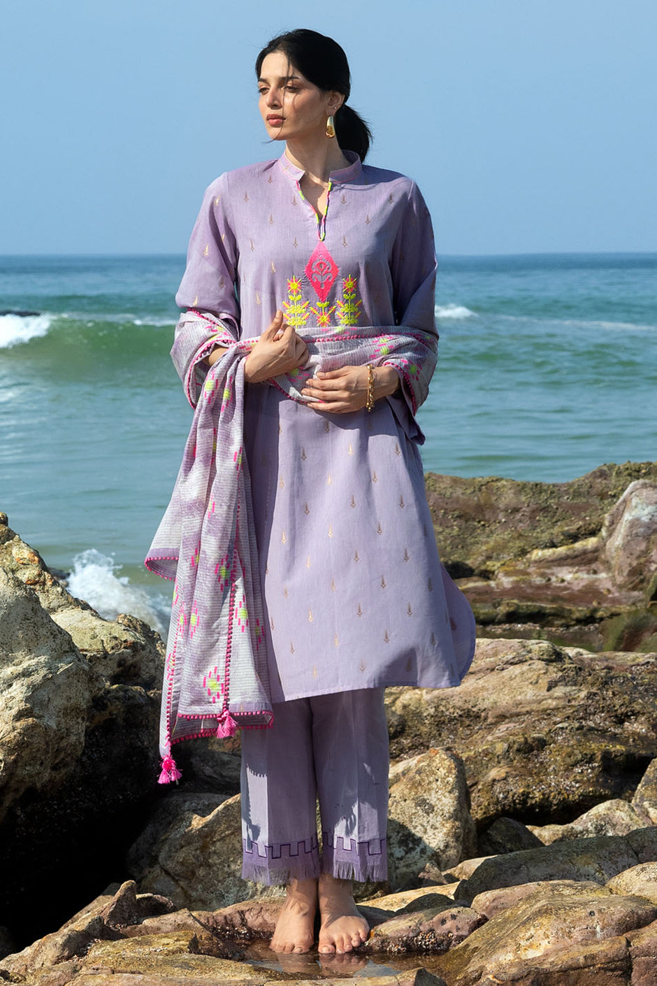3 Piece Embroidered Yarn Dyed Jacquard Suit with Lacquer Printed Jacquard Dupatta