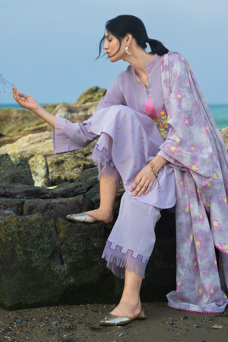 3 Piece Embroidered Yarn Dyed Jacquard Suit with Lacquer Printed Jacquard Dupatta