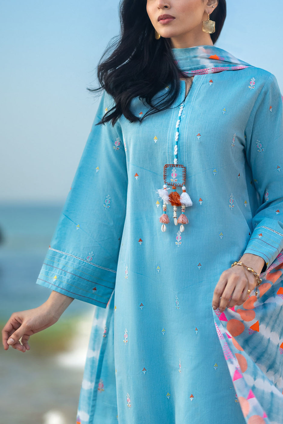 3 Piece Embroidered Yarn Dyed Jacquard Suit with Lacquer Printed Jacquard Dupatta