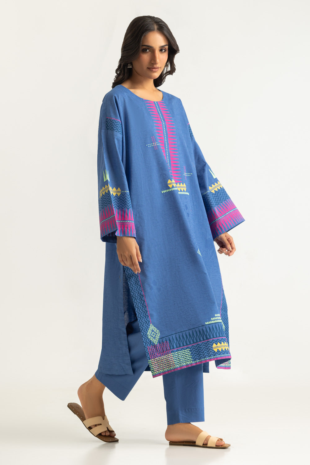 Jacquard Block Printed Shirt And Dyed Trouser