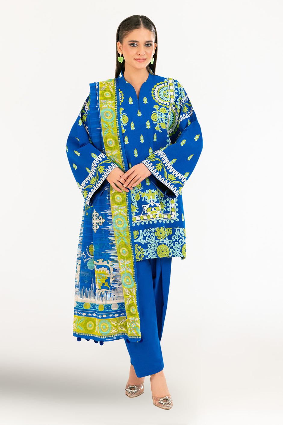 3 Piece Embroidered Khaddar Suit with Stripe Dupatta and Border K-52101