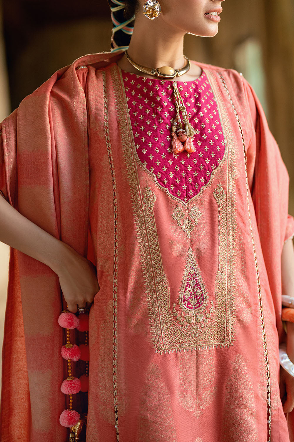 3 Piece Karandi Jacquard Suit with Embroidered Shirt and Dyed Trouser with Organza Border MJ-52025