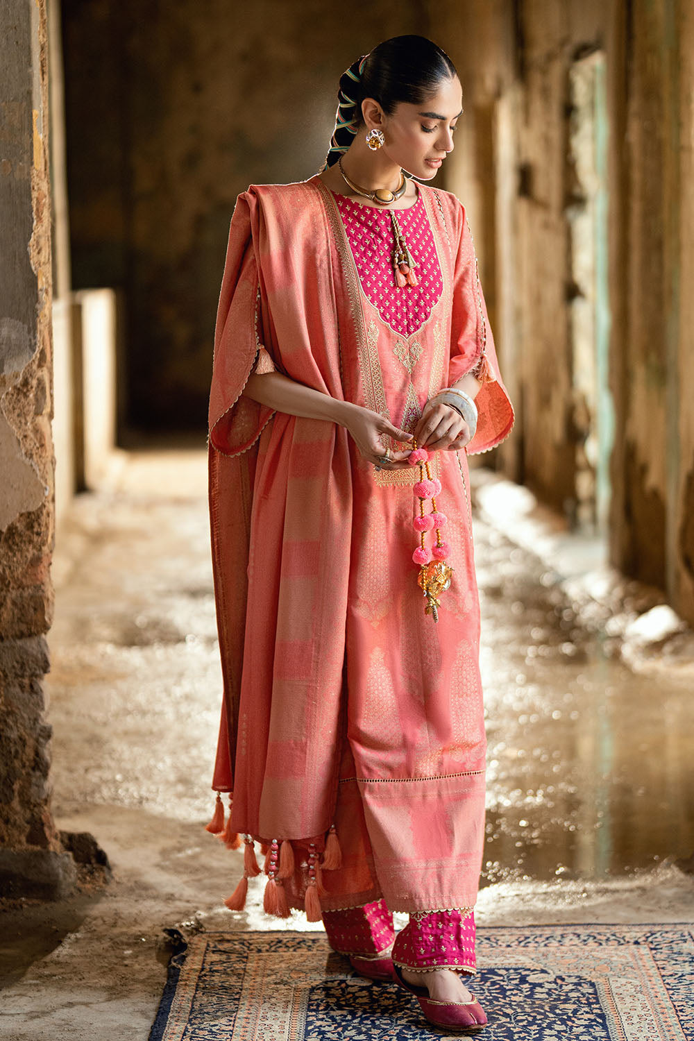 3 Piece Karandi Jacquard Suit with Embroidered Shirt and Dyed Trouser with Organza Border MJ-52025