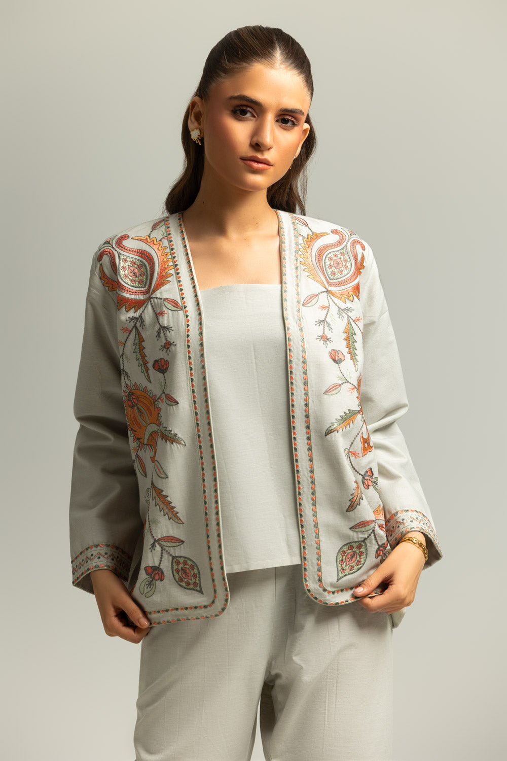 Karandi Gold Slub Embroidered Waist Coat And Trouser With Dyed Inner