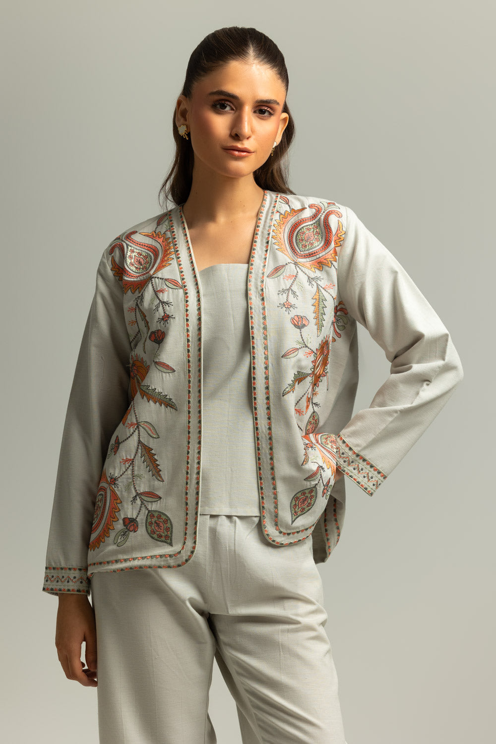Karandi Gold Slub Embroidered Waist Coat And Trouser With Dyed Inner