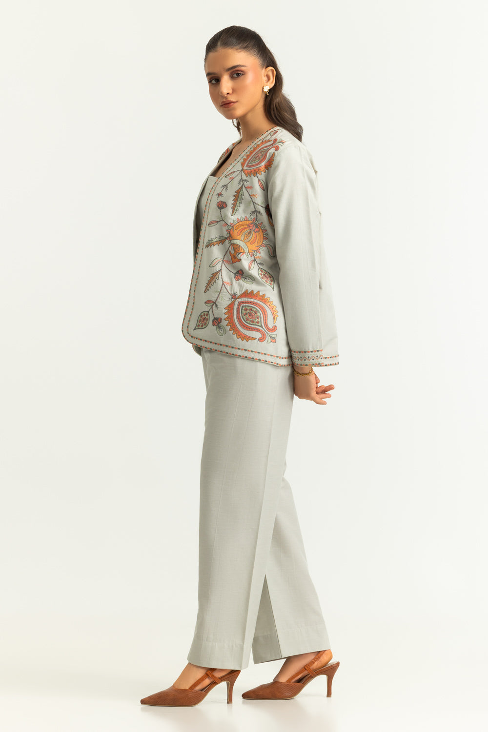 Karandi Gold Slub Embroidered Waist Coat And Trouser With Dyed Inner