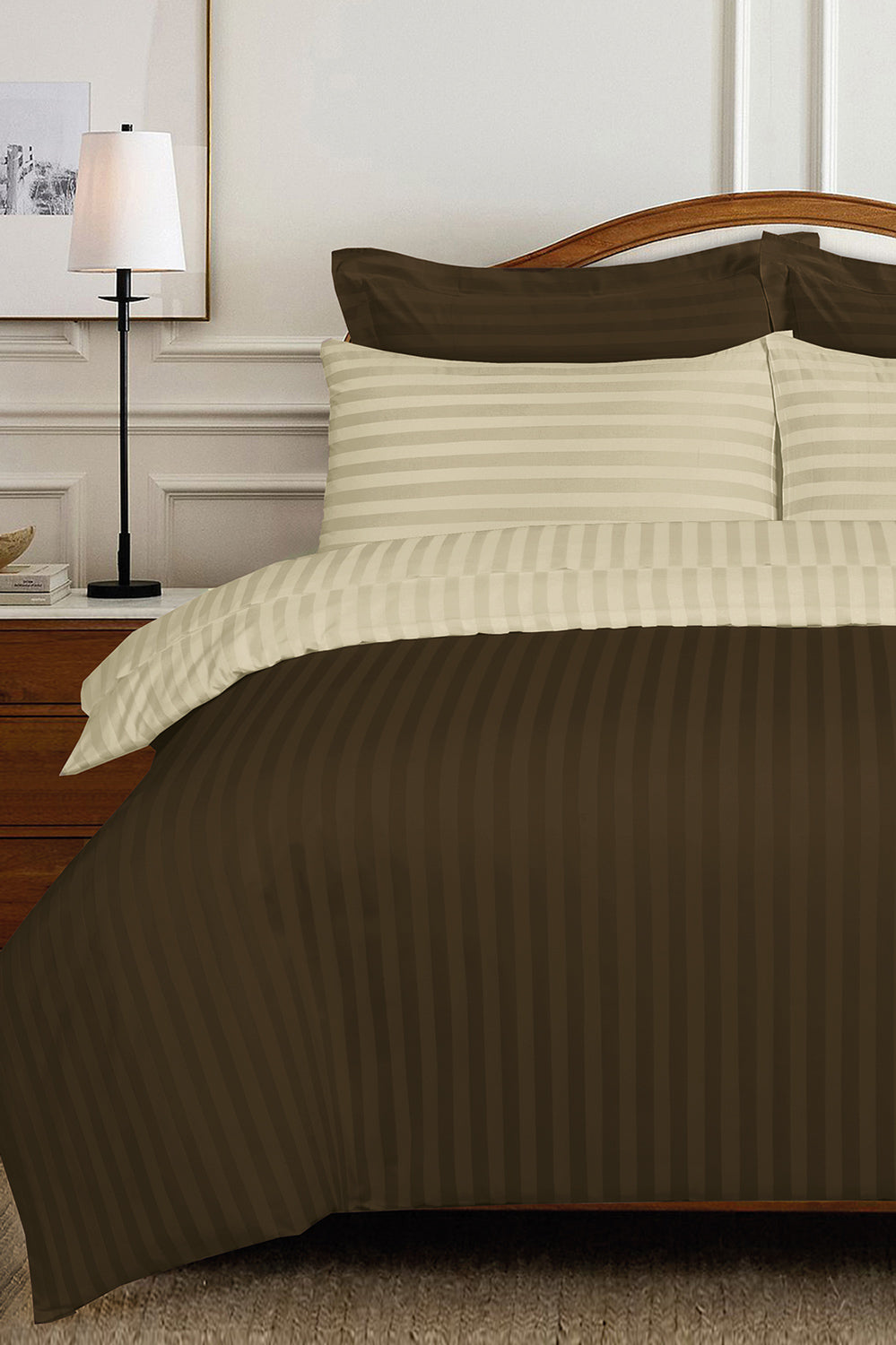 Kathai and Latte Dust Stripe Satin T-250 Quilt Cover Set