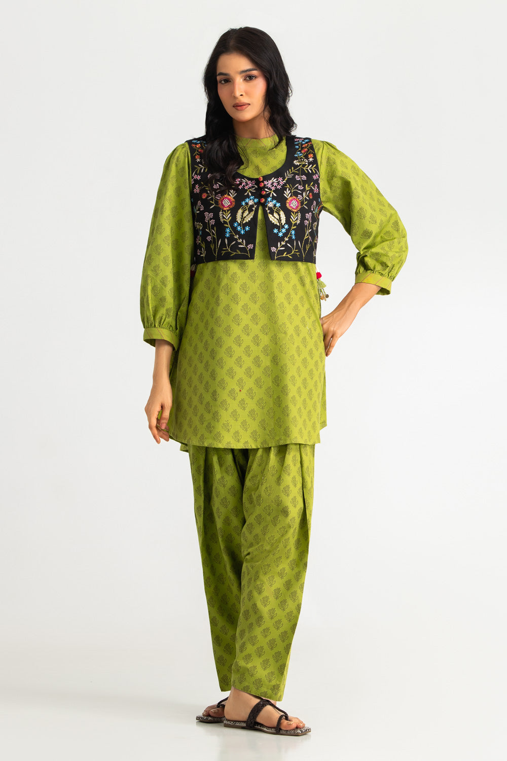 Khaddar Slub Block Printed Shirt And Trouser With Embroidered Waistcoat