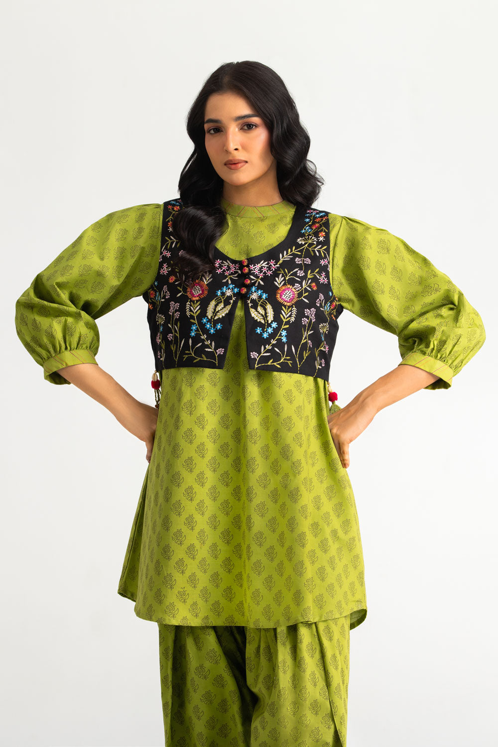 Khaddar Slub Block Printed Shirt And Trouser With Embroidered Waistcoat