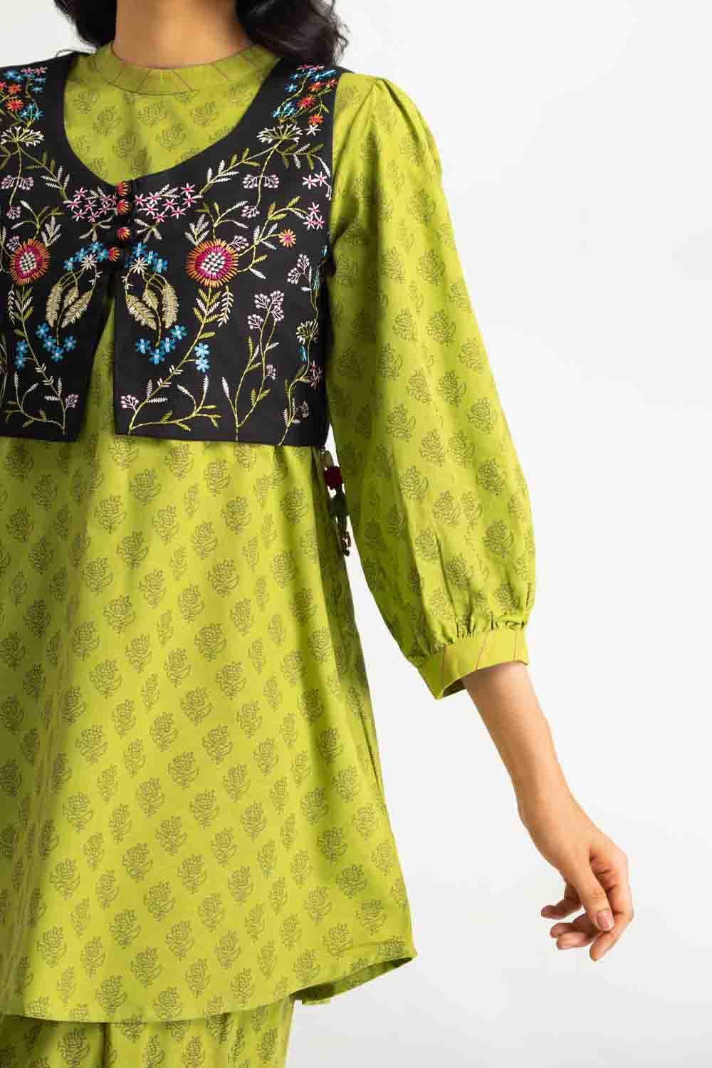 Khaddar Slub Block Printed Shirt And Trouser With Embroidered Waistcoat