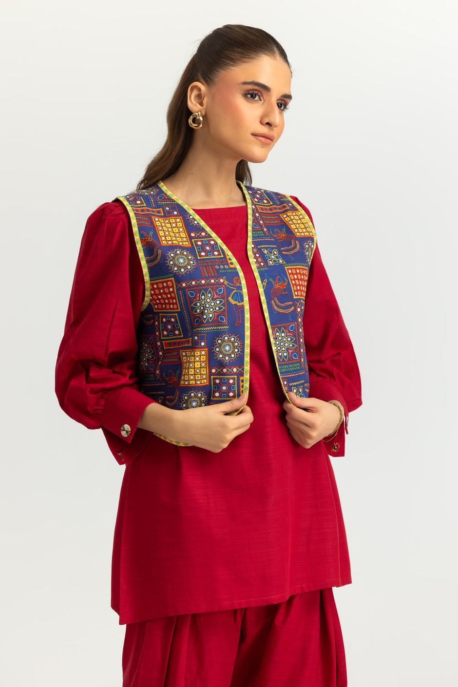 Khaddar Slub Dyed Co-Ord Set With Printed Waistcoat