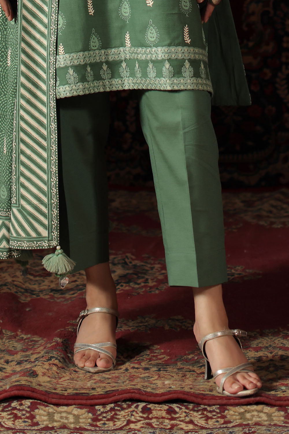 3 Piece Embroidered Cotton Linen Stripe Suit