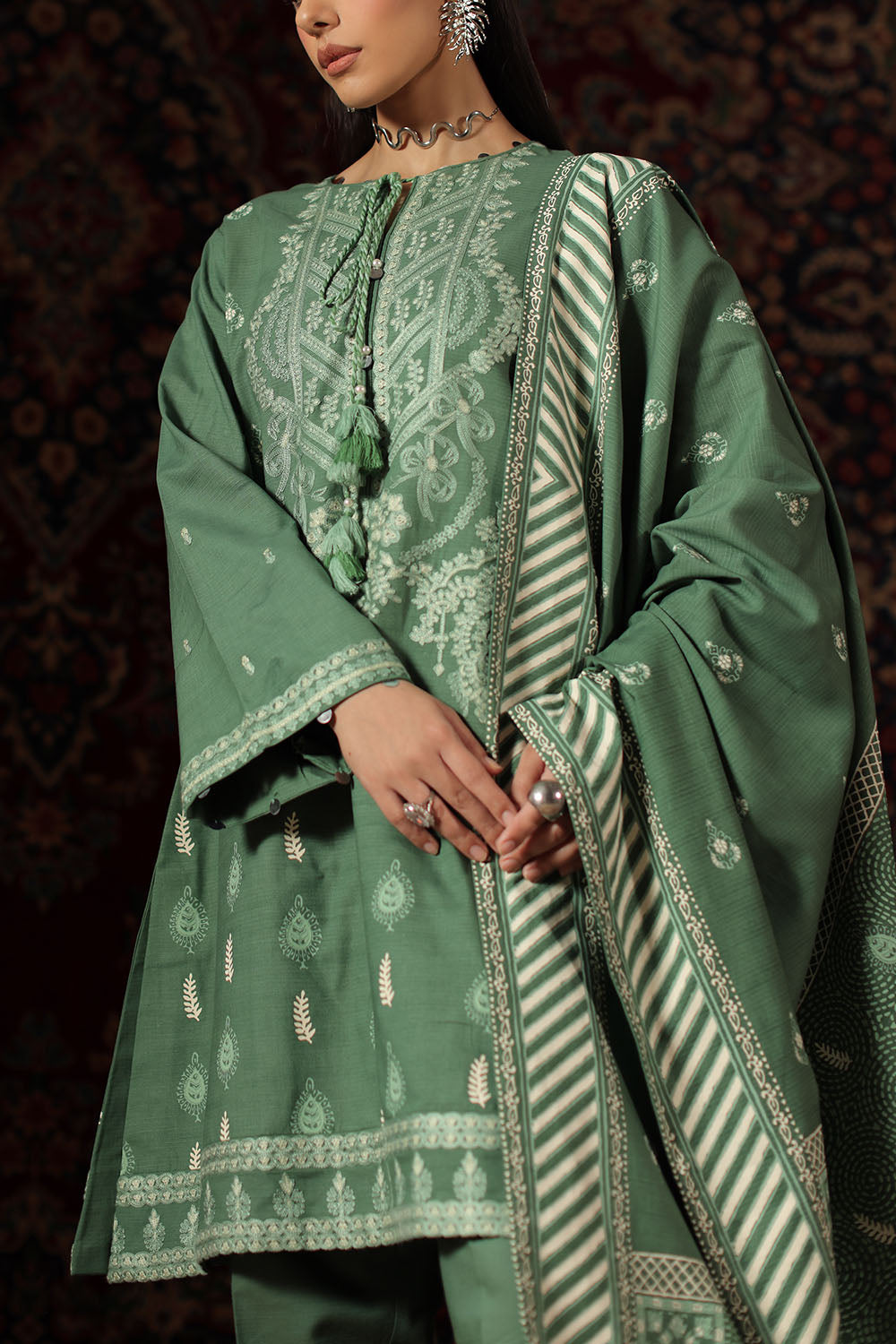 3 Piece Embroidered Cotton Linen Stripe Suit