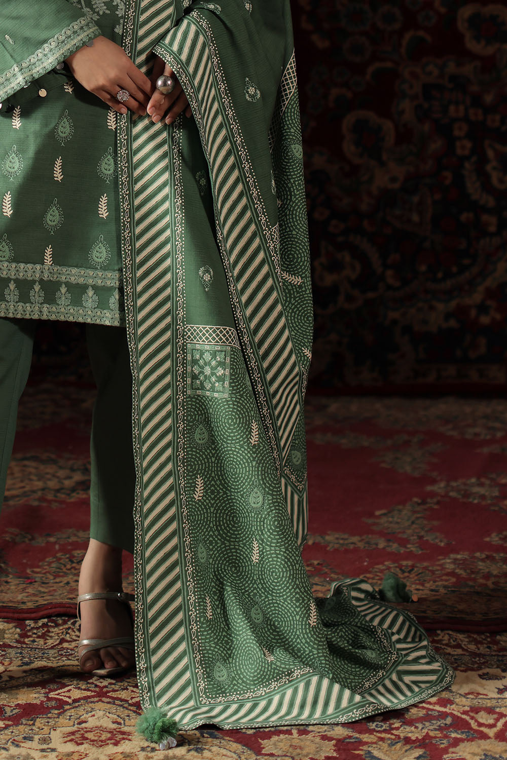 3 Piece Embroidered Cotton Linen Stripe Suit
