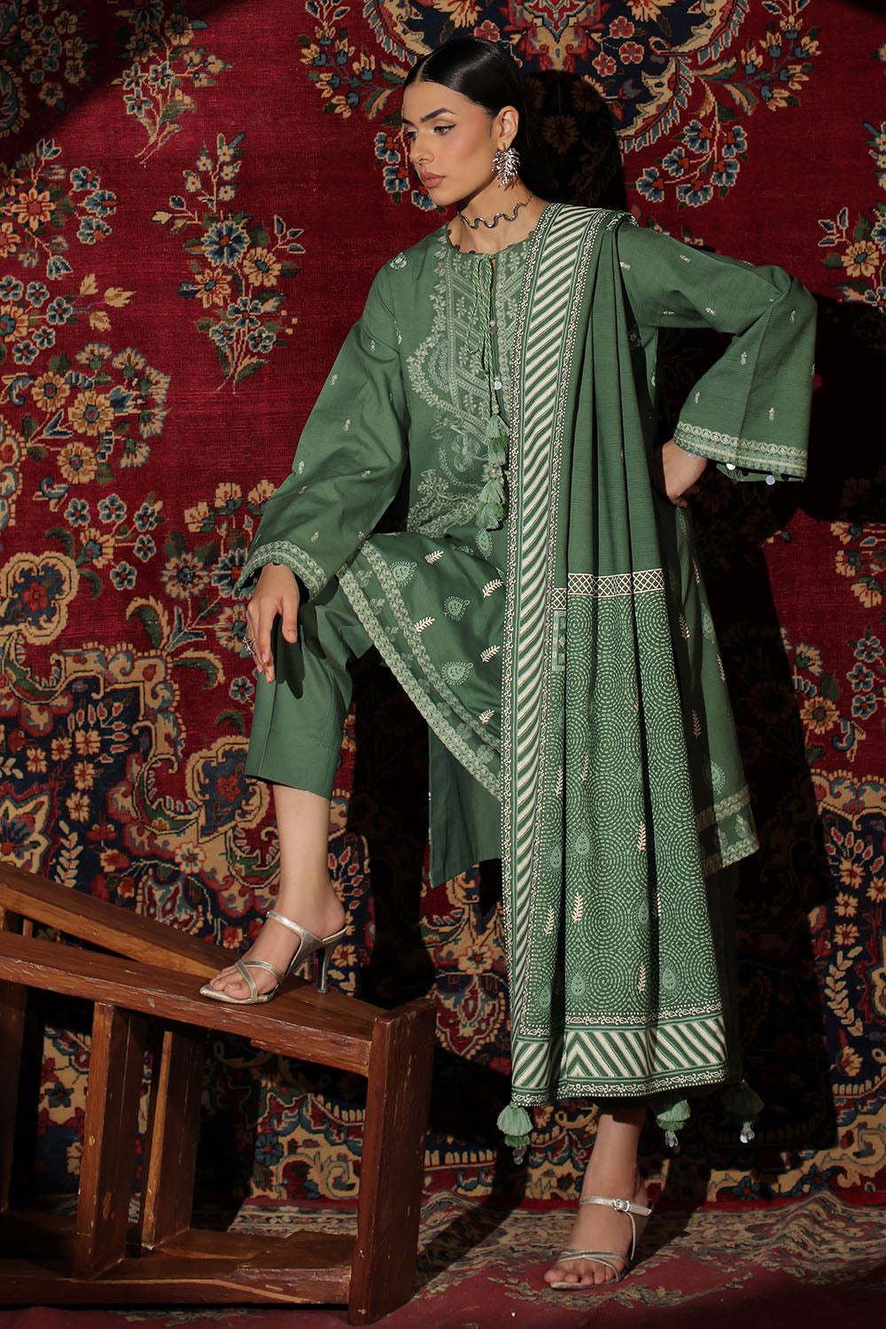 3 Piece Embroidered Cotton Linen Stripe Suit