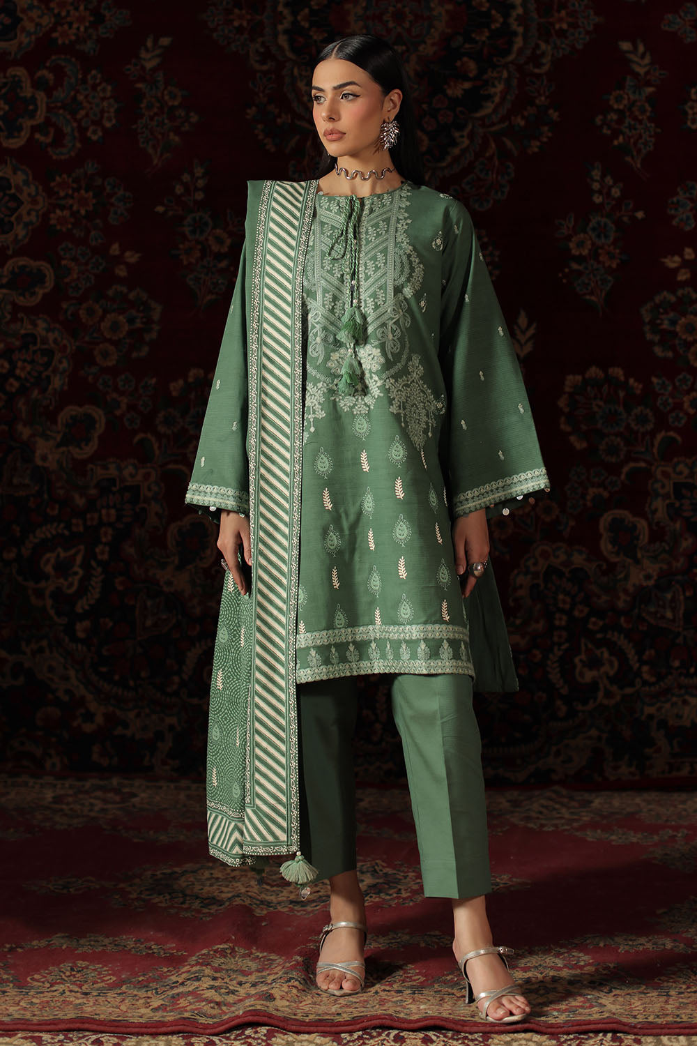 3 Piece Embroidered Cotton Linen Stripe Suit