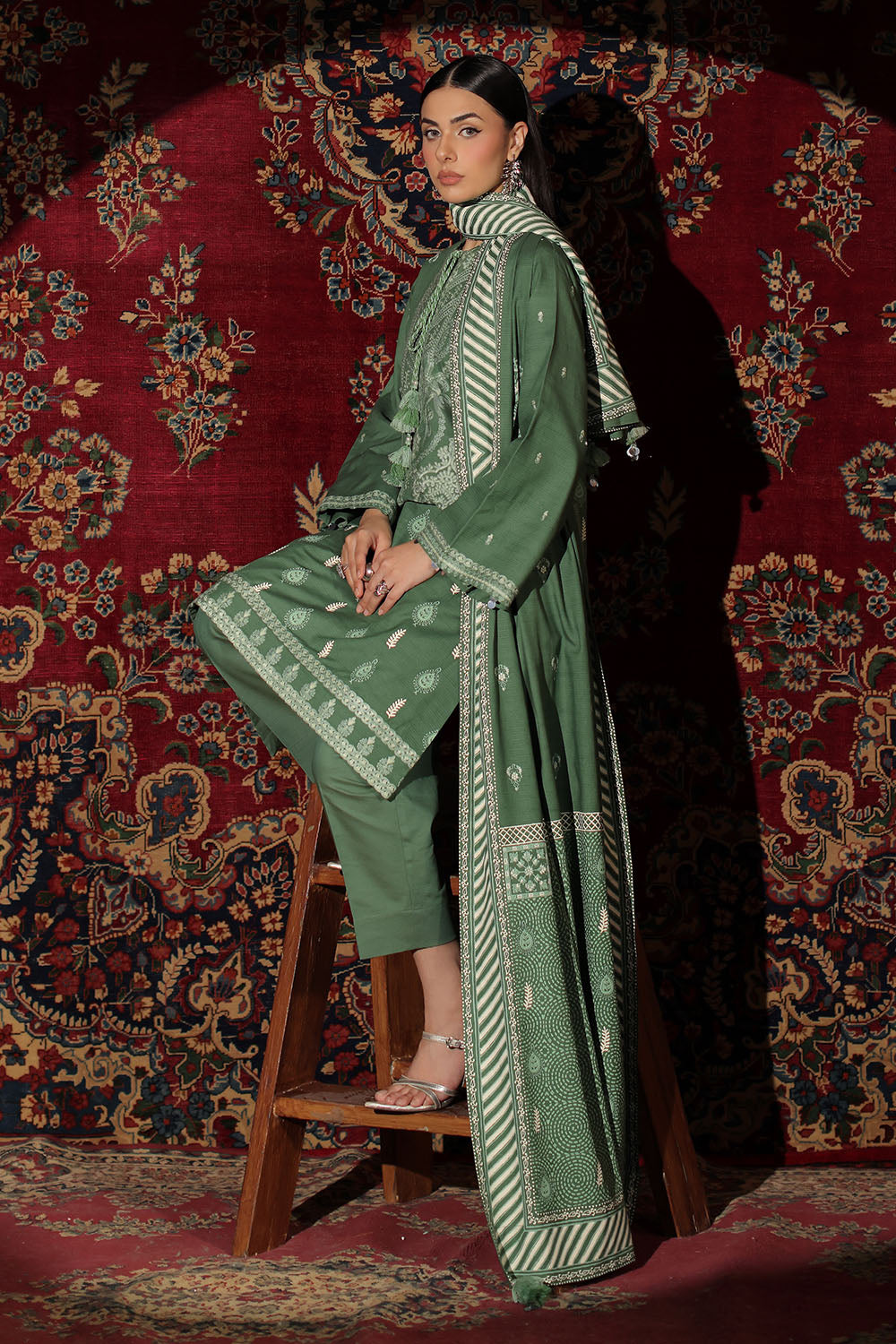 3 Piece Embroidered Cotton Linen Stripe Suit