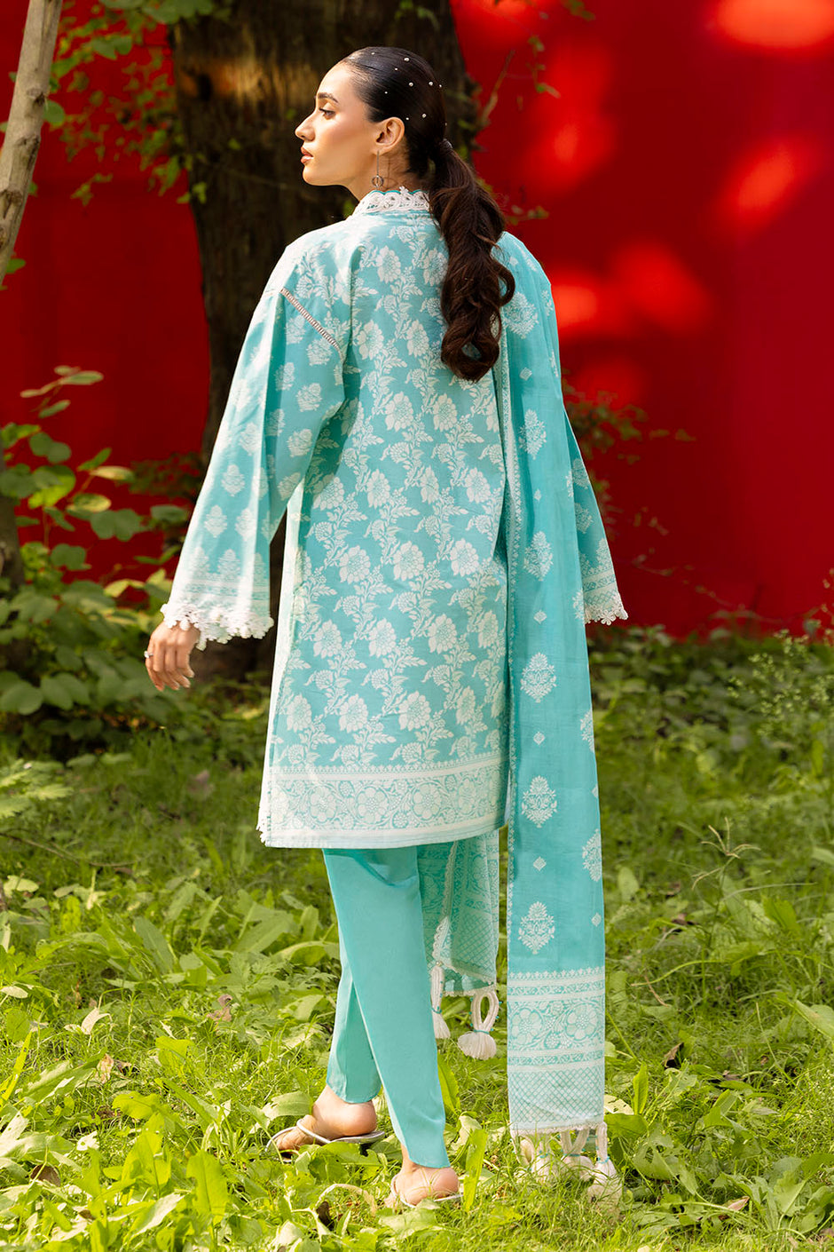 3 Piece Lacquer Printed Lawn Suit with Lace and Dupatta