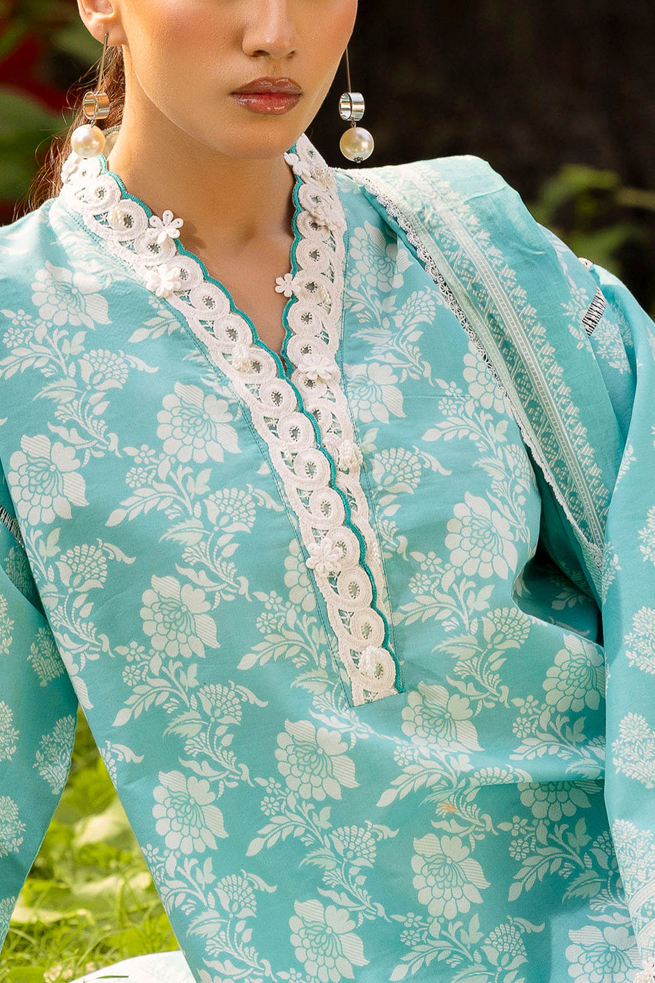 3 Piece Lacquer Printed Lawn Suit with Lace and Dupatta
