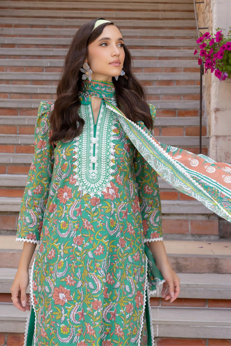 3 Piece Printed Lawn suit with Embroidered Organza Neckline
