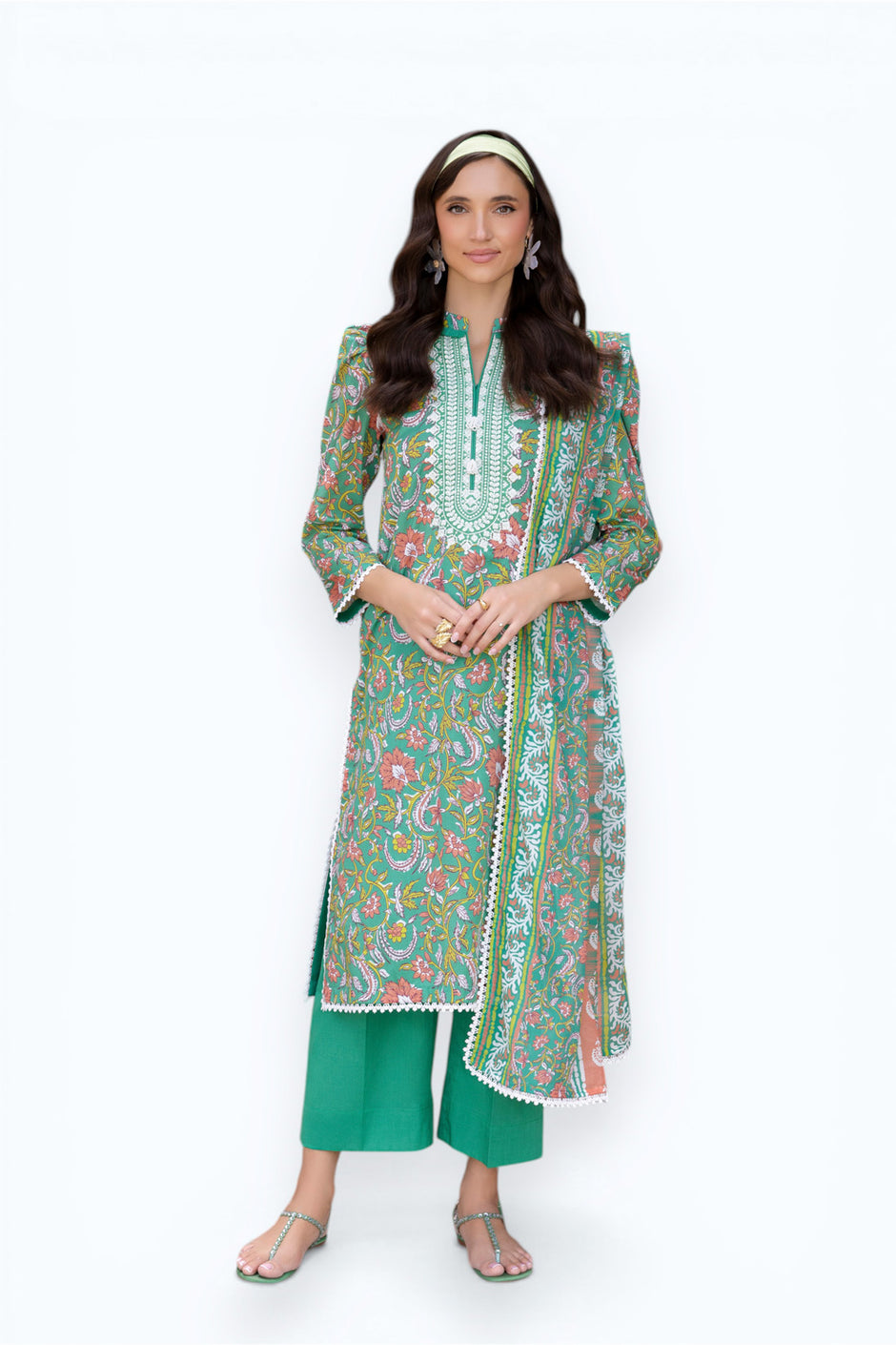 3 Piece Printed Lawn suit with Embroidered Organza Neckline