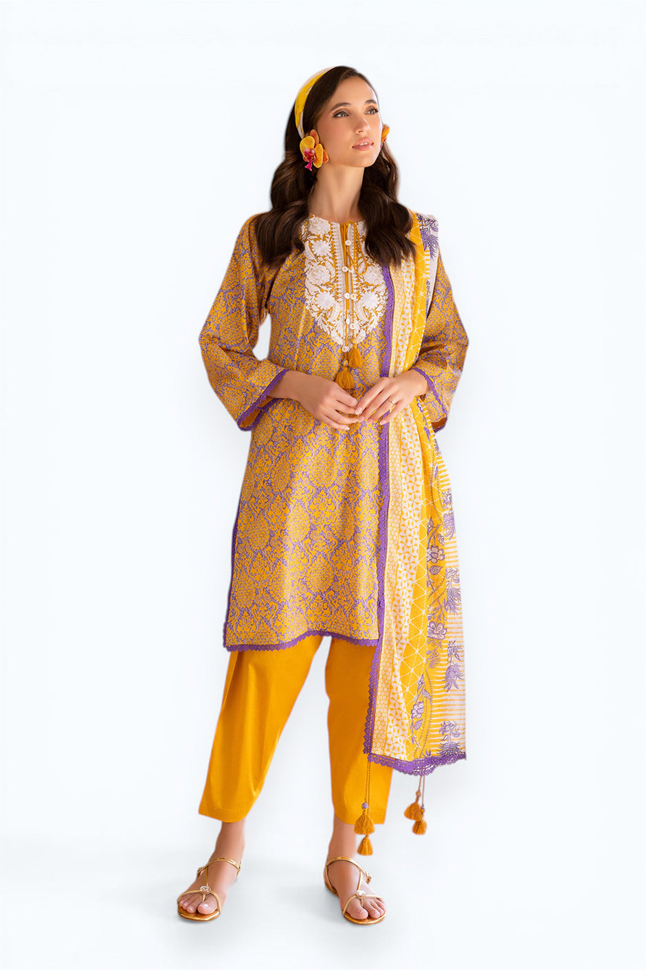 3 Piece Printed Lawn suit with Embroidered Organza Neckline