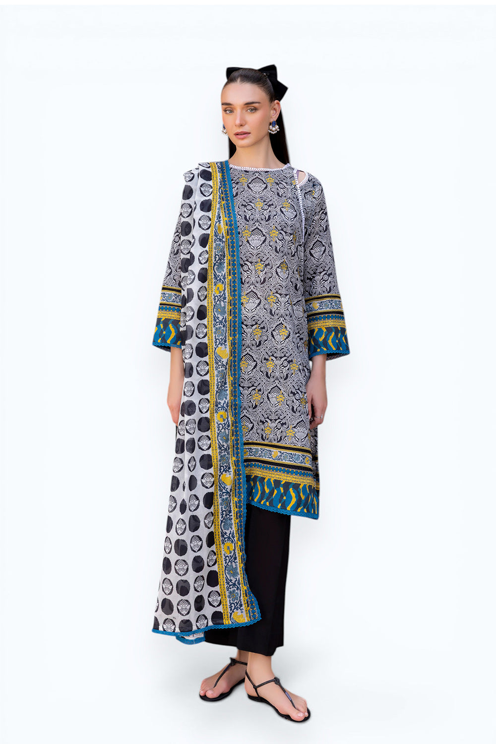 3 Piece Embroidered Printed Lawn suit with Printed Sleeves