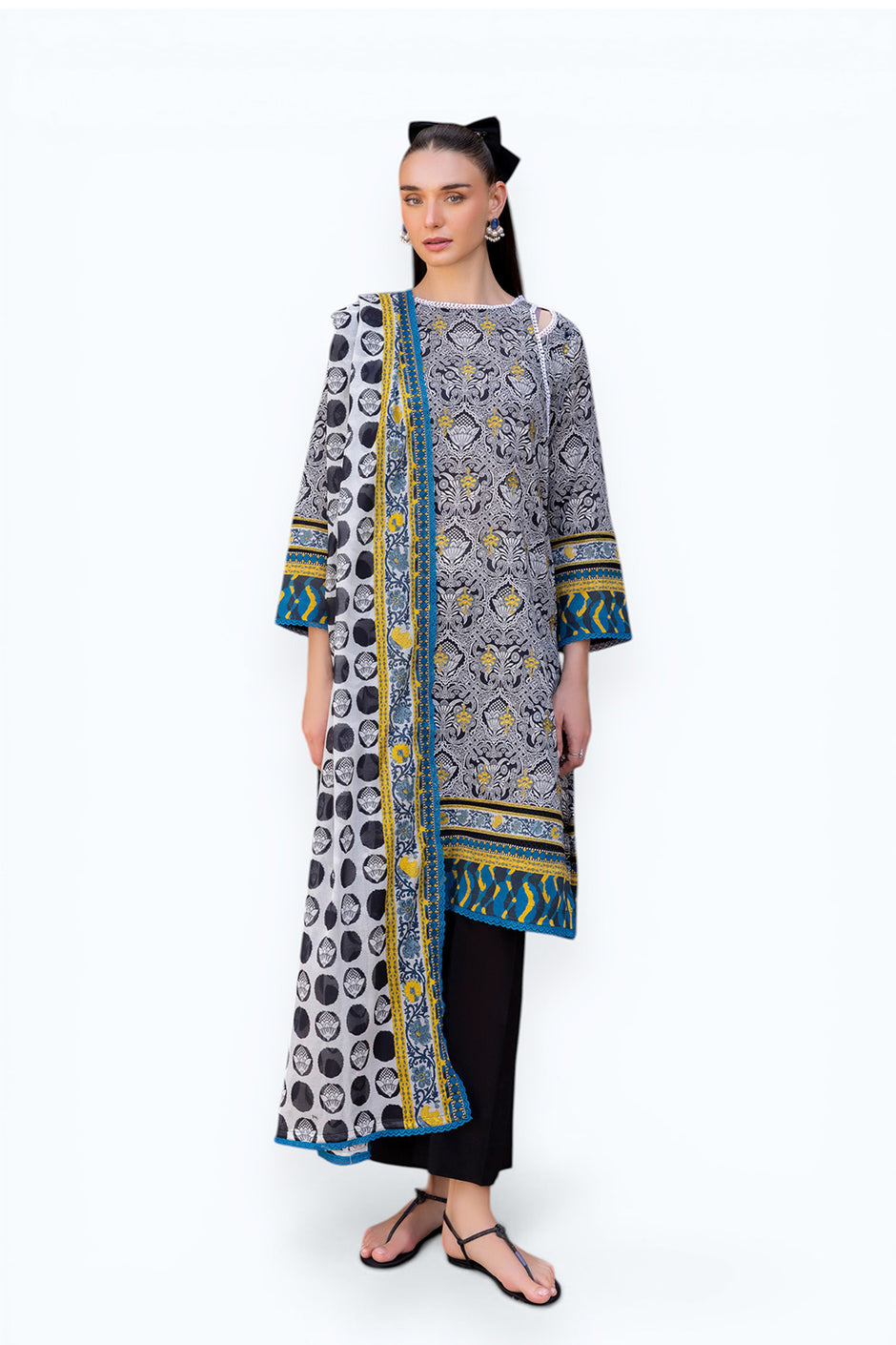 3 Piece Embroidered Printed Lawn suit with Printed Sleeves