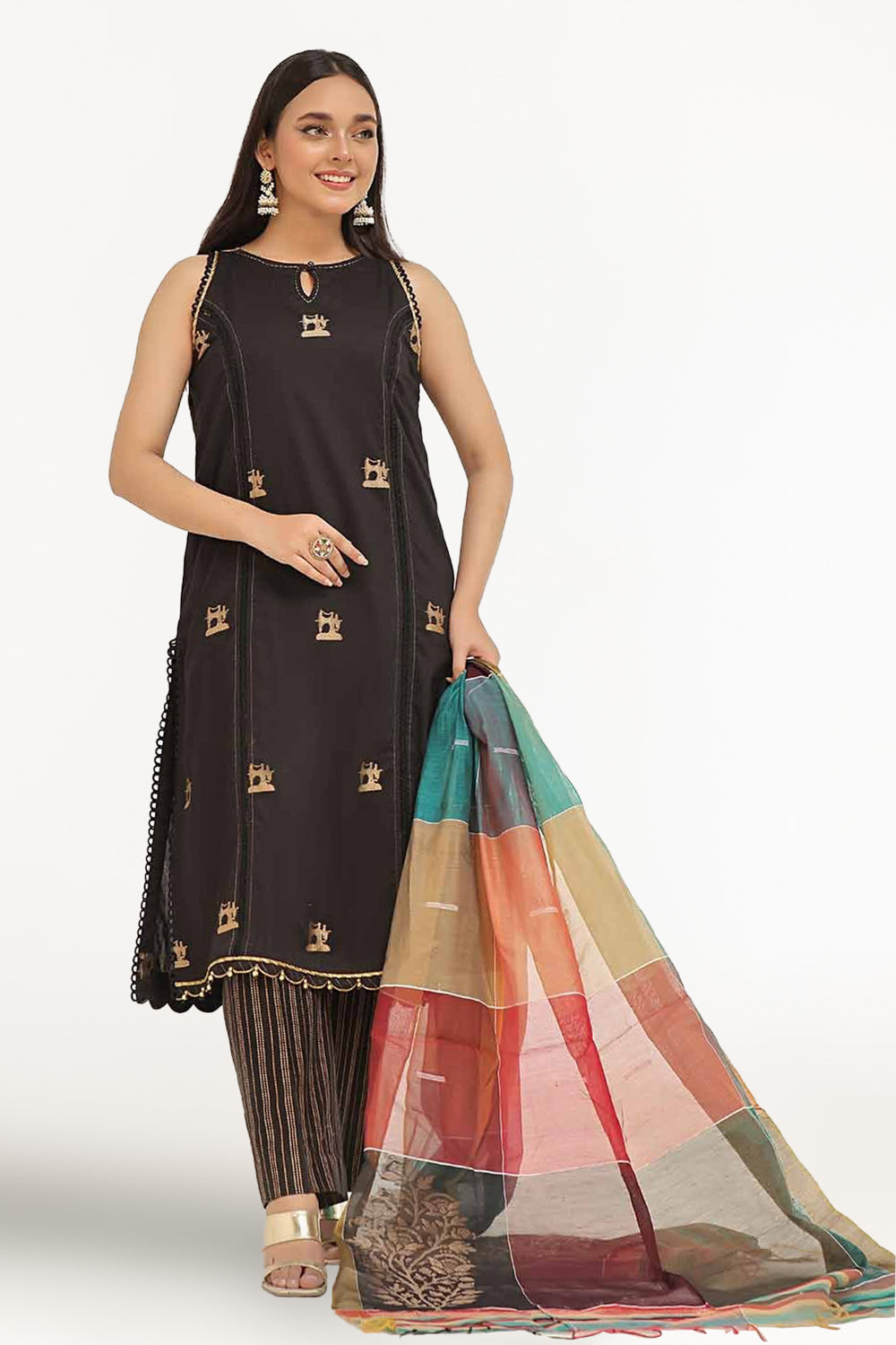 3 Piece Unstitched Jacquard  Gold and Lacquer Printed Suit