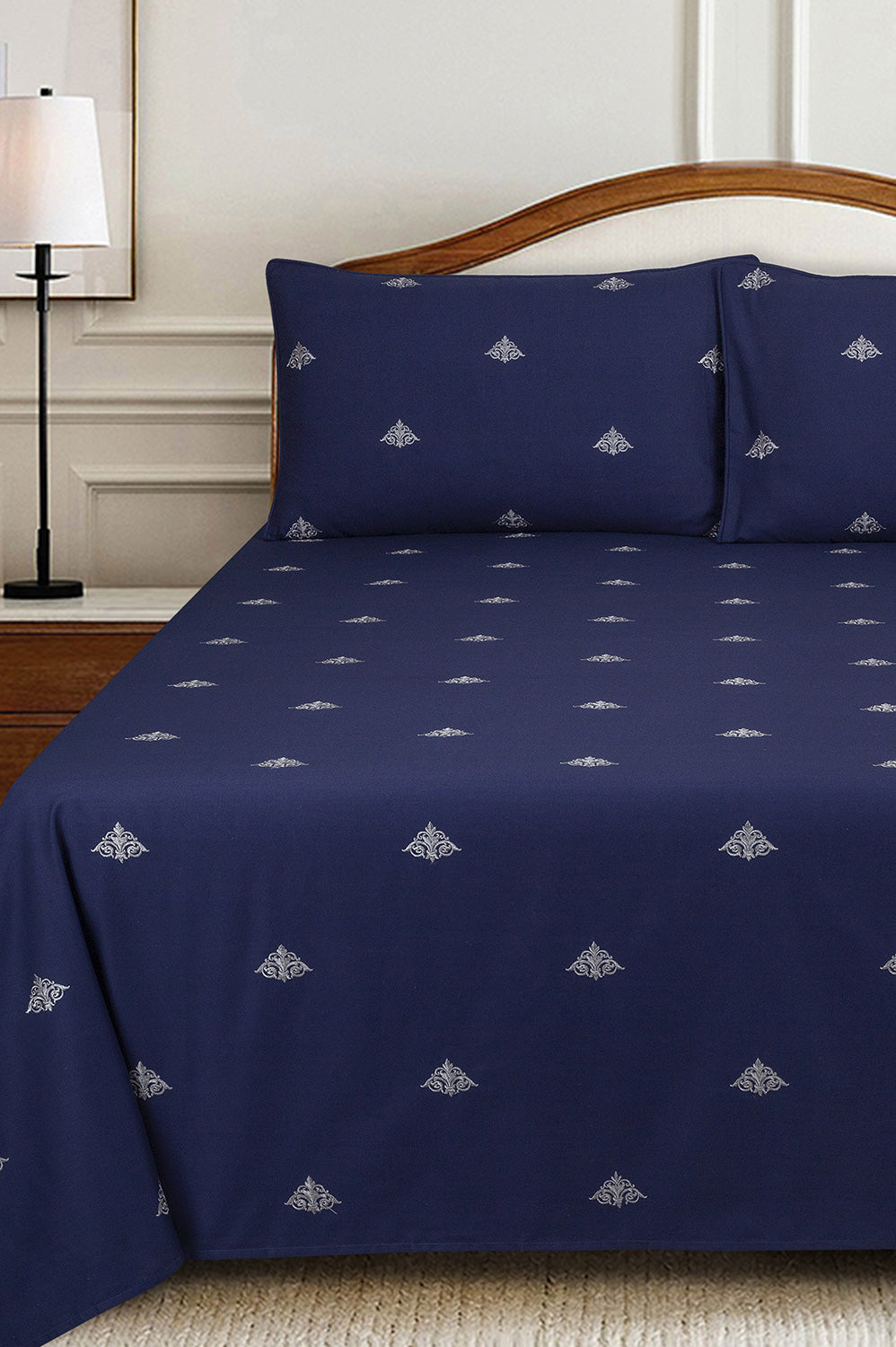Navy Blue T-150 Embroidered Bed Sheet Set