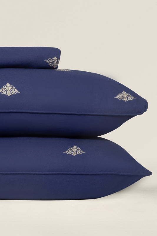 Navy Blue T-150 Embroidered Bed Sheet Set