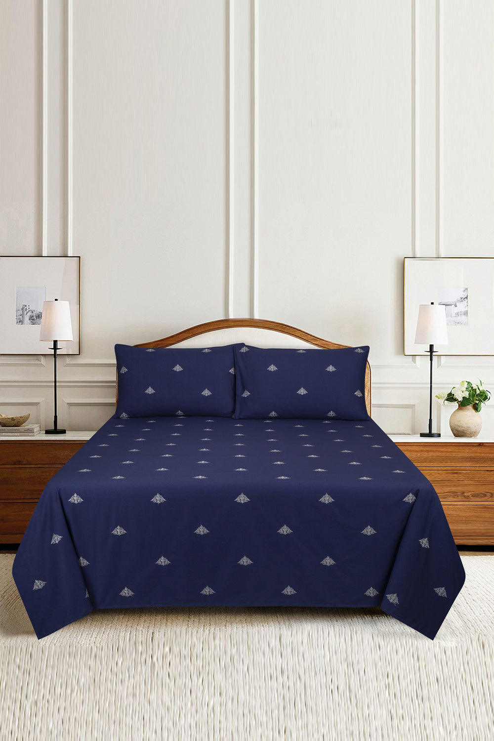 Navy Blue T-150 Embroidered Bed Sheet Set