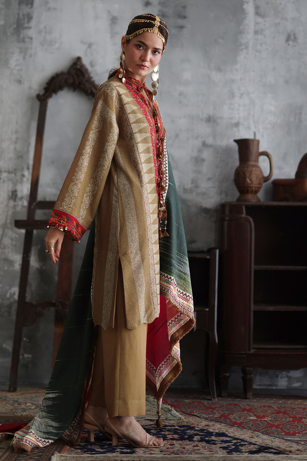 3 Piece Embroidered Printed Karandi Suit with Printed Karandi Dupatta