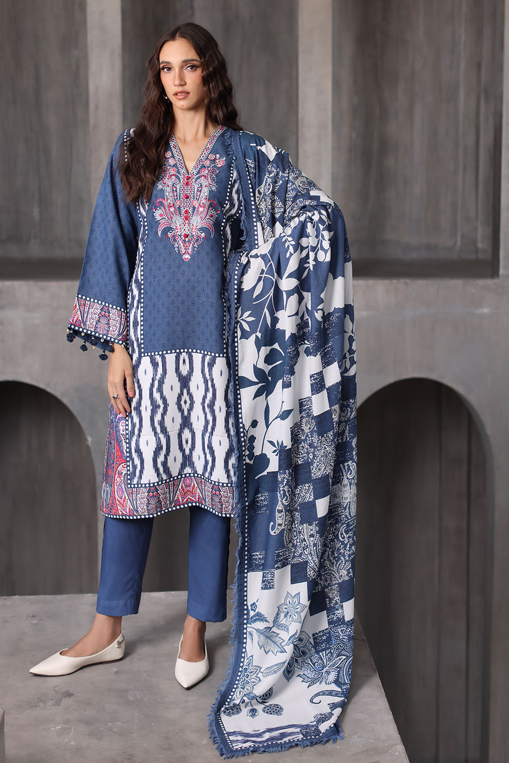 3 Piece Embroidered Printed Karandi Suit with Printed Karandi Dupatta