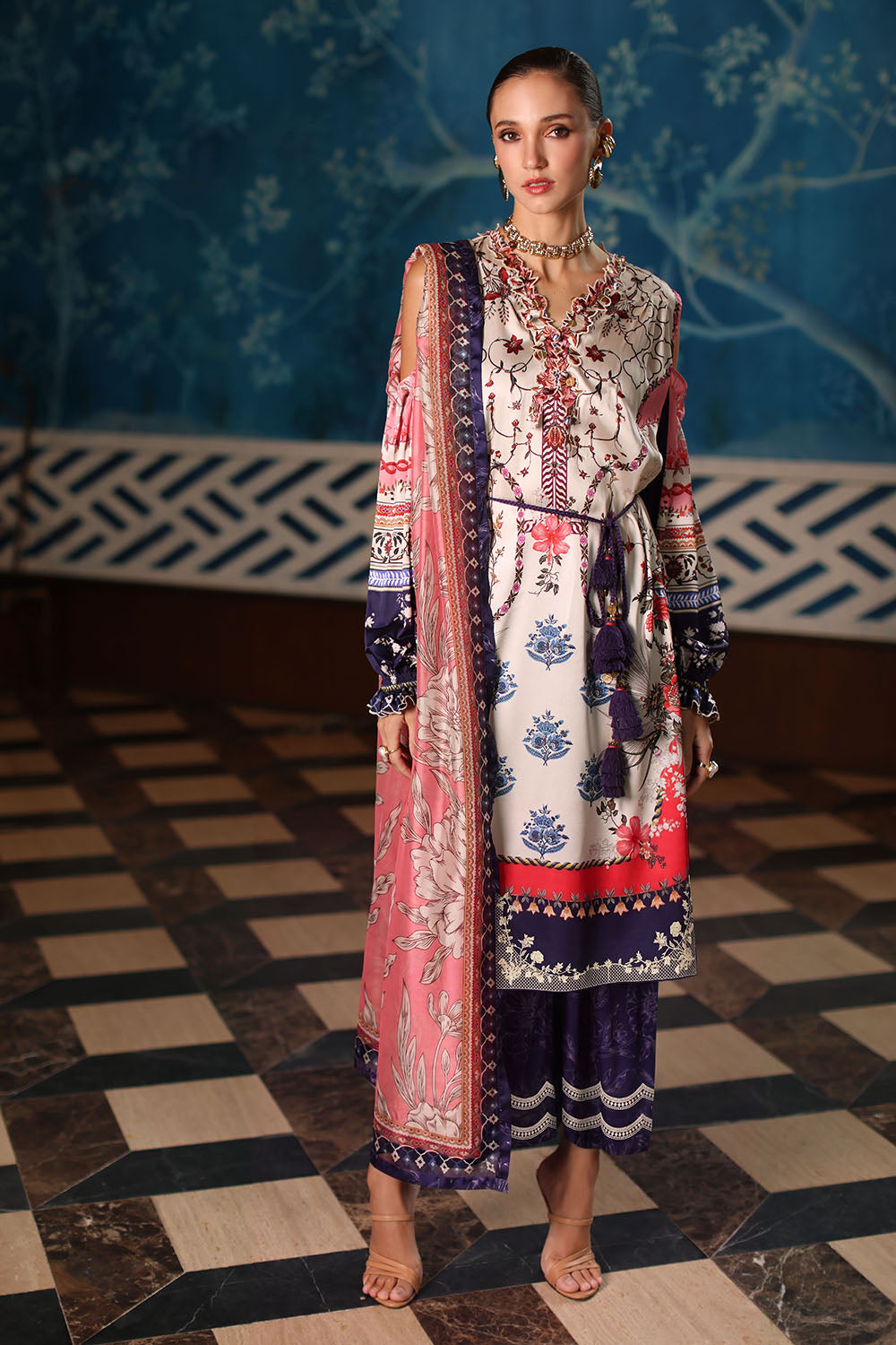 3 Piece Printed Charmeuse Silk Suit with Embroidered Organza Details and Printed Tissue Silk Dupatta