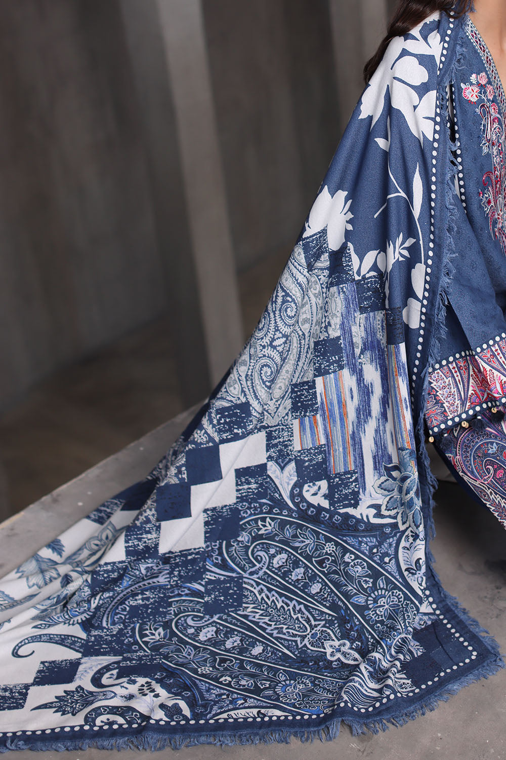 3 Piece Embroidered Printed Karandi Suit with Printed Karandi Dupatta