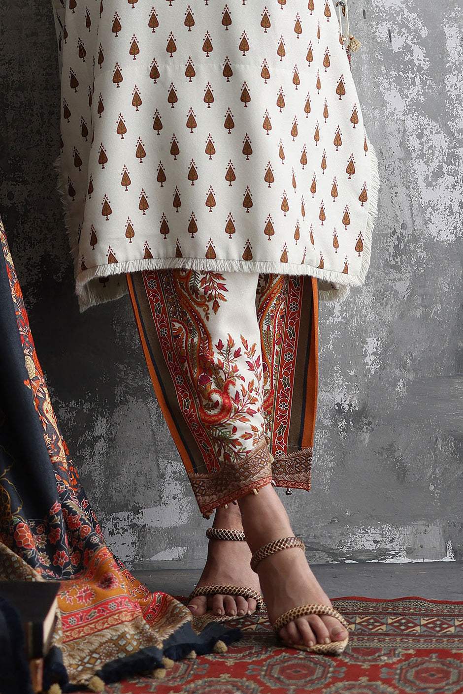 3 Piece Embroidered Printed Karandi Suit with Printed Karandi Dupatta